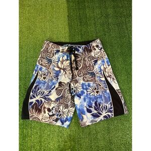 Kirra Mens Board Shorts Blue White Skull Floral Graphic Swim Trunks Size 32